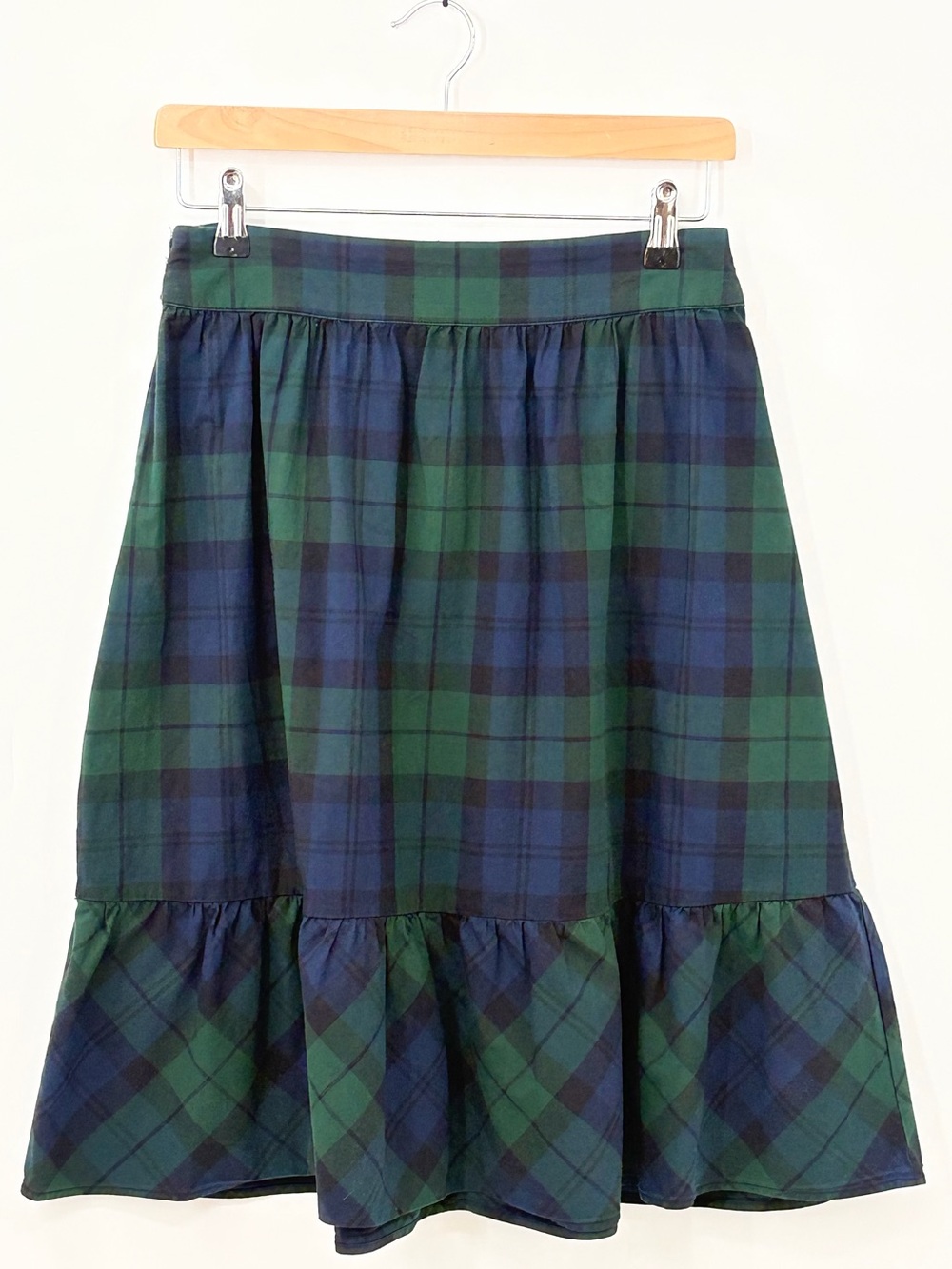J. Crew Green and Navy Plaid Ruffle-Hem Skirt